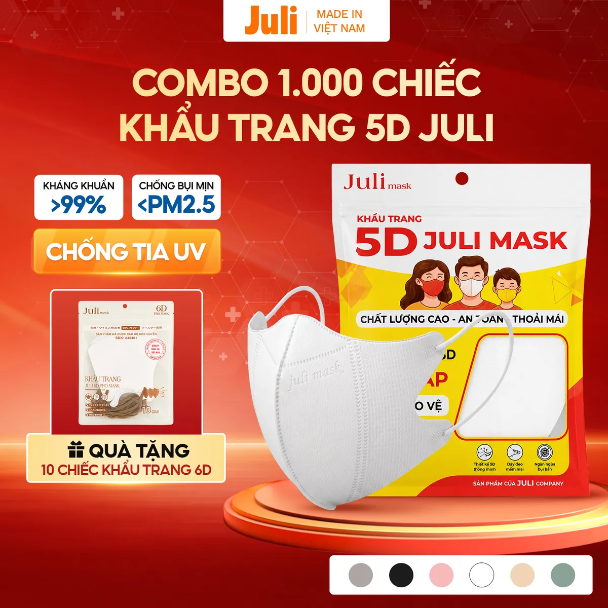Sỉ 1000 Chiếc Khẩu Trang 5D JULI MASK 3 Lớp Kháng Khuẩn Chống Bụi Mịn, Khẩu Trang Y Tế Chống Nắng Tia UV